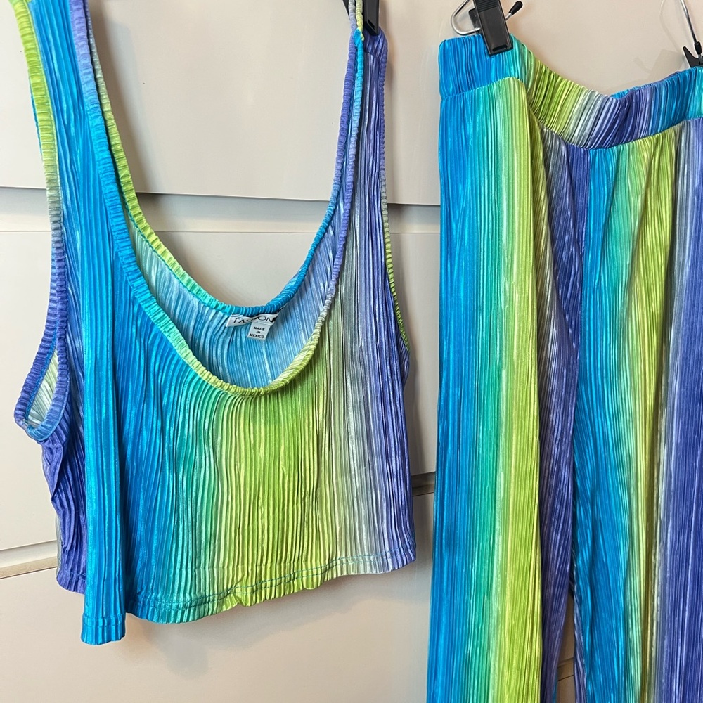 Fashion Nova Blue and Green Striped Jumpsuit